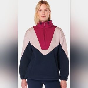 NEW Sweaty Betty Orbit Fleece Long Sleeve Half Zip: Navy/Pink Colorblock